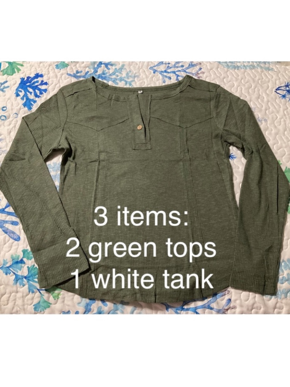 NIP 2 dark green women’s long sleeve ribbed henleys, & 1 crop white tank